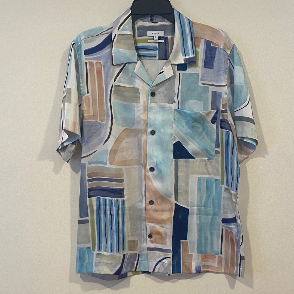 Reiss Men's Blue and Tan Abstract Shirt